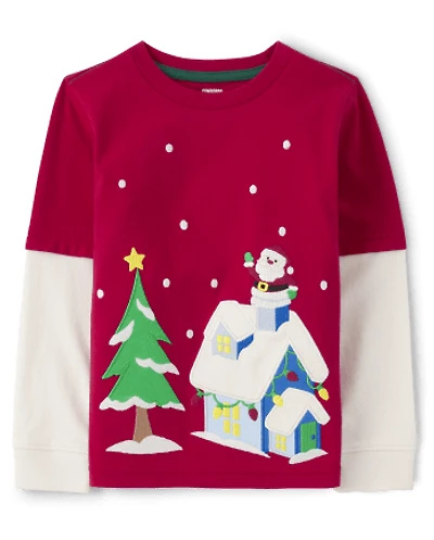 Boys Embroidered Christmas Scene Layered Top - Very Merry