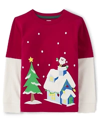 Haut superposé brodé avec scène de Noël pour garçon - Very Merry