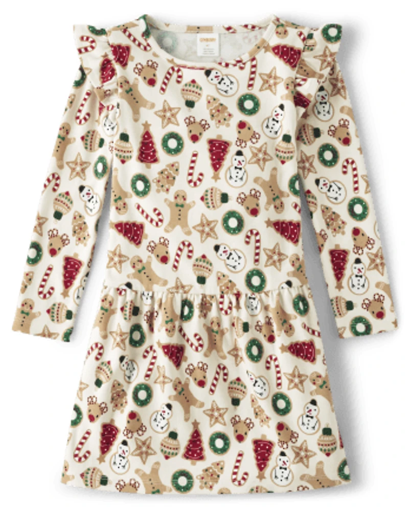 Girls Christmas Cookies Ruffle Dress - Cabin