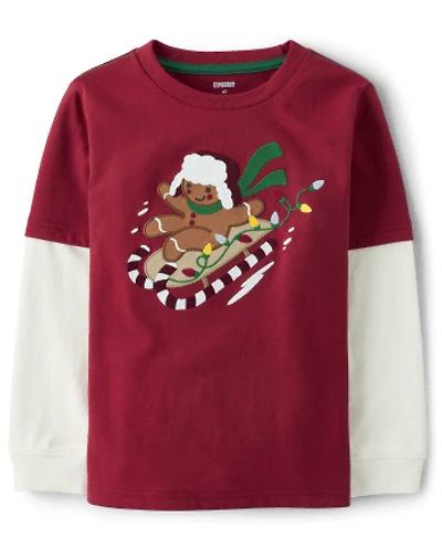 Boys Embroidered Gingerbread Sled Layered Top - Christmas Cabin