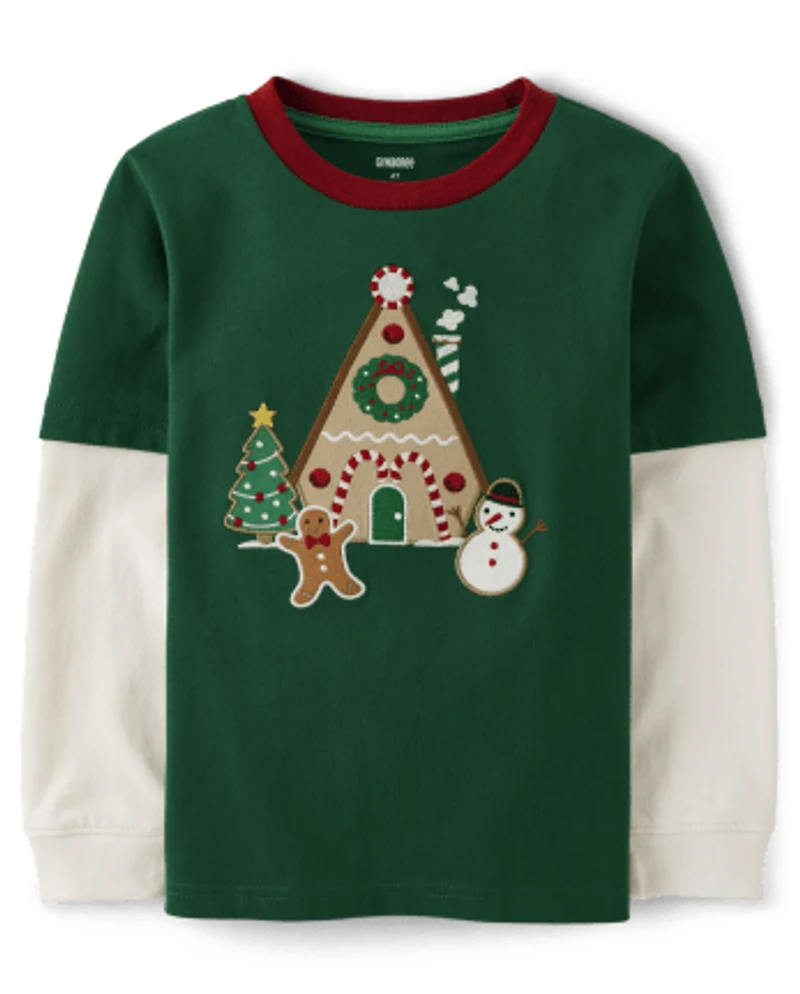 Boys Embroidered Gingerbread House Layered Top - Christmas Cabin
