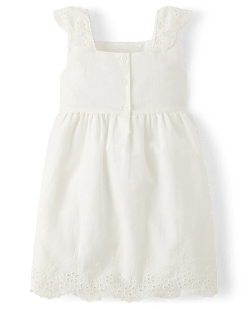 Girls Mommy And Me Eyelet Linen-Blend Flutter Dress