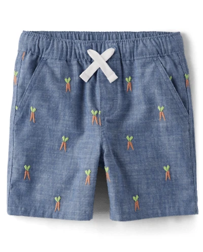 Boys Embroidered Carrot Chambray Pull On Shorts - Garden Party