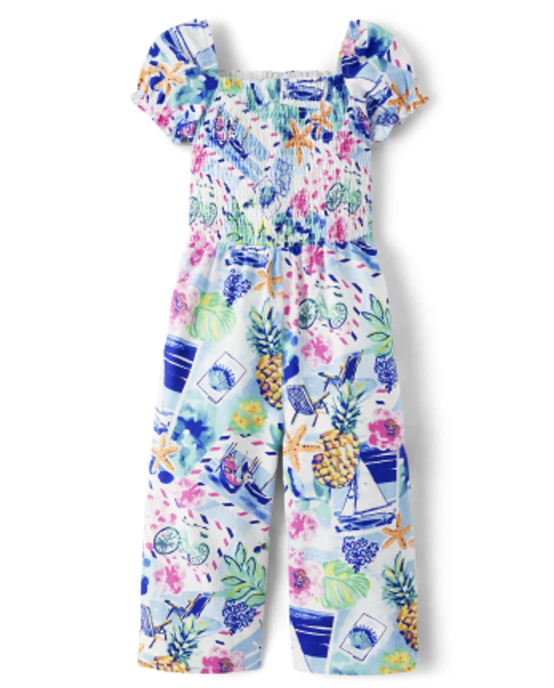 Girls Tropical Smocked Jumpsuit - Bon Voyage