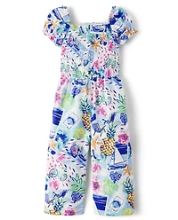 Girls Tropical Smocked Jumpsuit - Bon Voyage