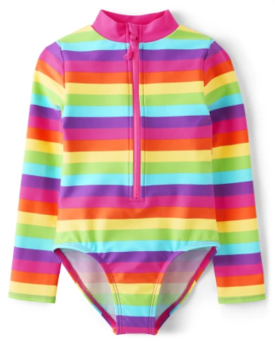 Girls Rainbow Rashguard One Piece Swimsuit - Splish-Splash