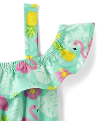 Girls Tropical Ruffle Dress - Seaside Palms