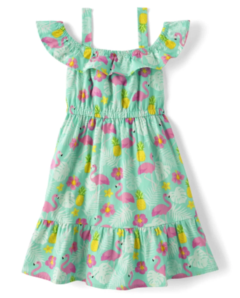 Girls Tropical Ruffle Dress - Seaside Palms