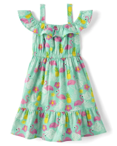 Girls Tropical Ruffle Dress - Seaside Palms