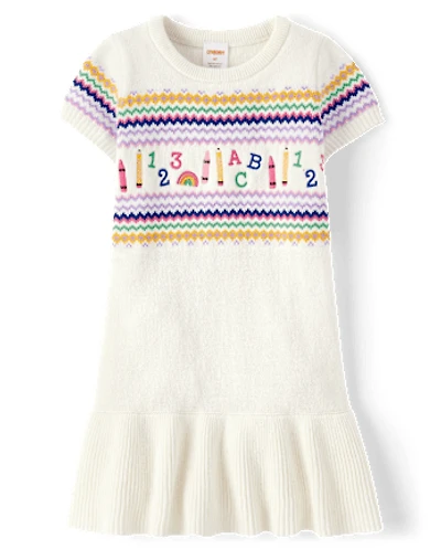 Girls Intarsia School Supplies Peplum Sweater Dress - Classroom Cutie