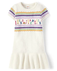 Girls Intarsia School Supplies Peplum Sweater Dress - Classroom Cutie