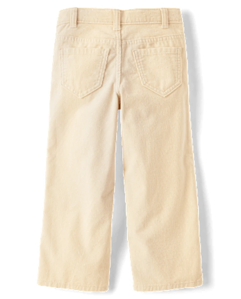 Girls Patch Pocket Stretch Corduroy Wide Leg Pants - Little Essentials