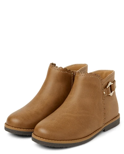 Girls Scalloped Flower Buckle Booties - Little Essentials