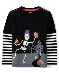 Boys Embroidered Skeleton Layered Top - Halloween