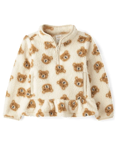 Girls Bear Sherpa Half Zip Pullover - Little Essentials