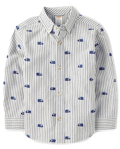Boys Schiffli Train Oxford Button Up Shirt - Little Snowflake