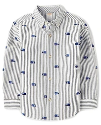 Boys Schiffli Train Oxford Button Up Shirt - Little Snowflake
