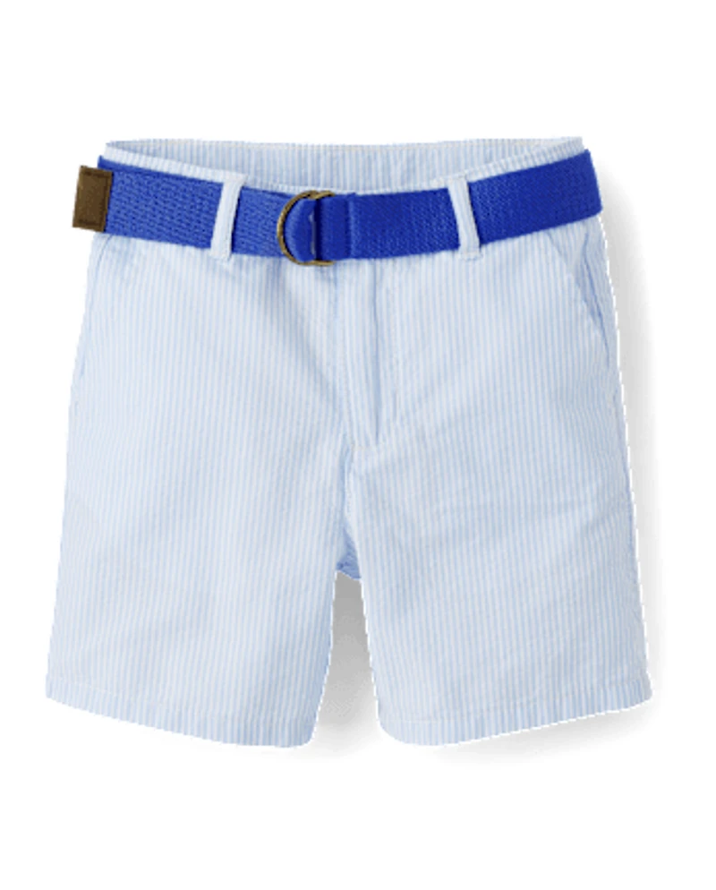 Boys Belted Seersucker Shorts - Garden Party