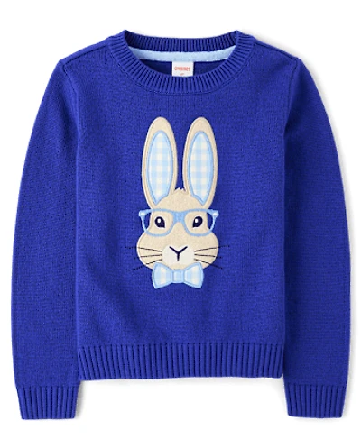 Boys Embroidered Bunny Sweater - Blue Belle