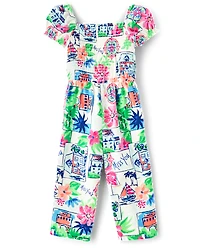 Girls Mommy And Me Vacation Linen-Blend Smocked Jumpsuit - Italian Riviera