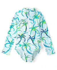 Girls Palm Tree Rashguard One Piece Swimsuit - Swim