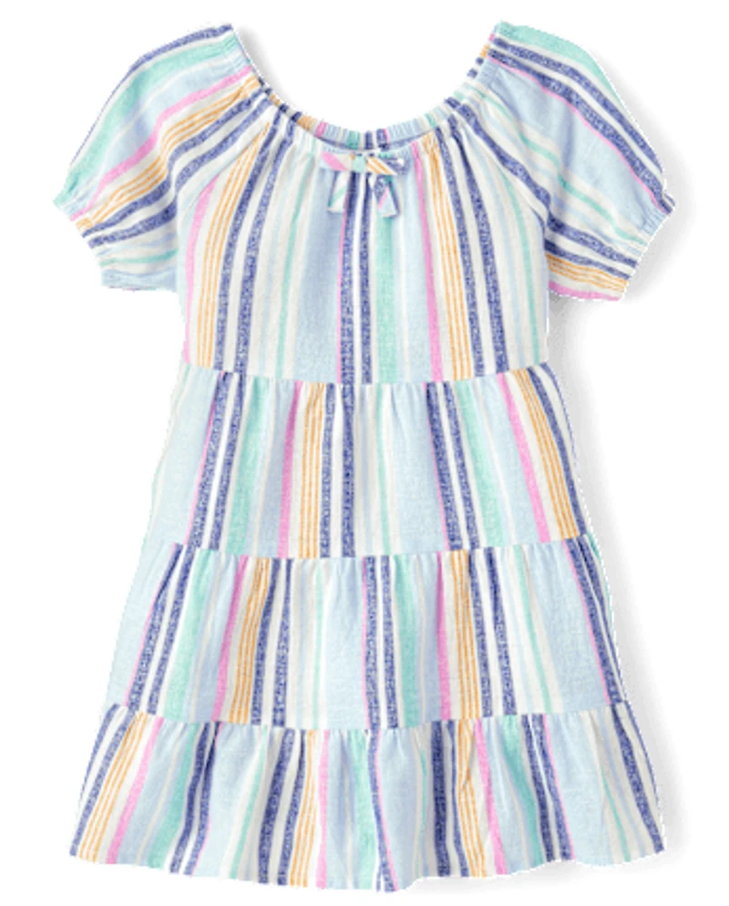 Girls Striped Linen-Blend Tiered Dress - Italian Riviera
