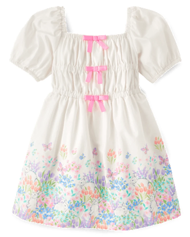 Girls Floral Bunny Bow Dress - Garden Party