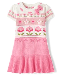 Robe pull à basque en jacquard fleuri pour fille - Blushing Blooms