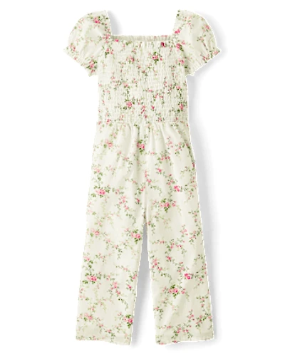 Girls Floral Smocked Jumpsuit - Blushing Blooms