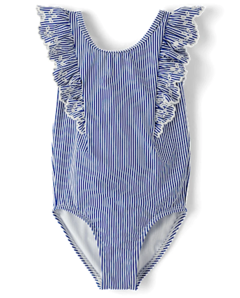 Girls Eyelet Striped One Piece Swimsuit - Swim