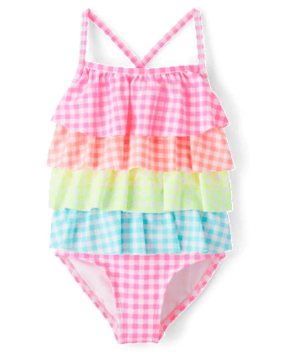 Girls Gingham Ruffle One Piece Swimsuit - Swim