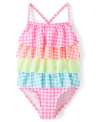 Girls Gingham Ruffle One Piece Swimsuit - Swim