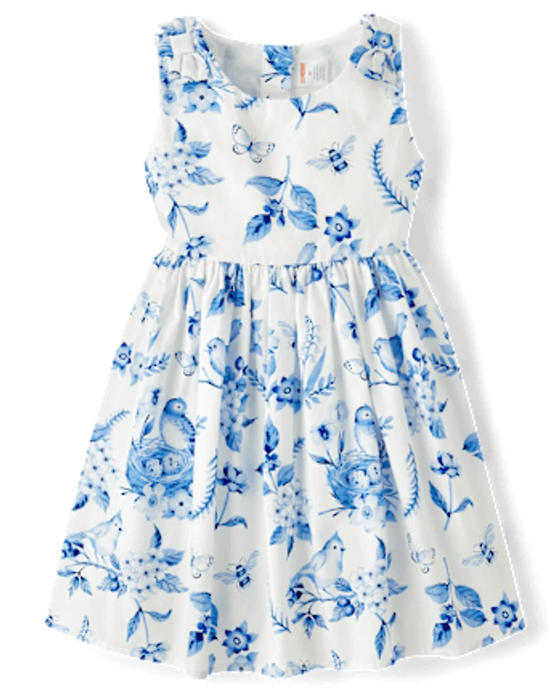 Girls Mommy And Me Floral Bird Bow Fit Flare Dress - Blue Belle