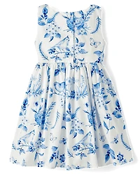 Girls Mommy And Me Floral Bird Bow Fit Flare Dress - Blue Belle