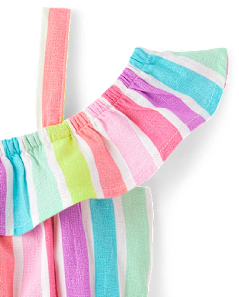 Girls Rainbow Striped Linen-Blend Off Shoulder Dress - Swim
