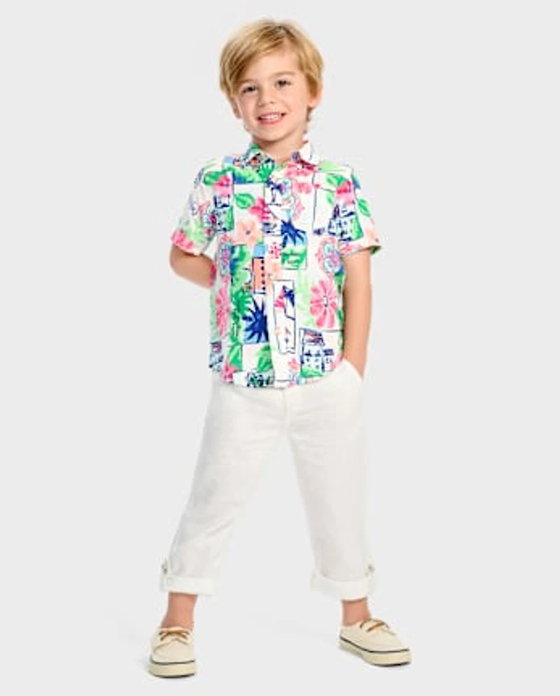 Boys Dad And Me Vacation Linen-Blend Button Up Shirt - Italian Riviera