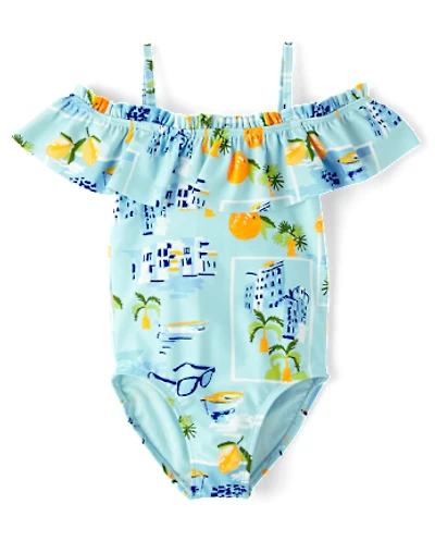 Girls Travel Off Shoulder One Piece Swimsuit - Swim