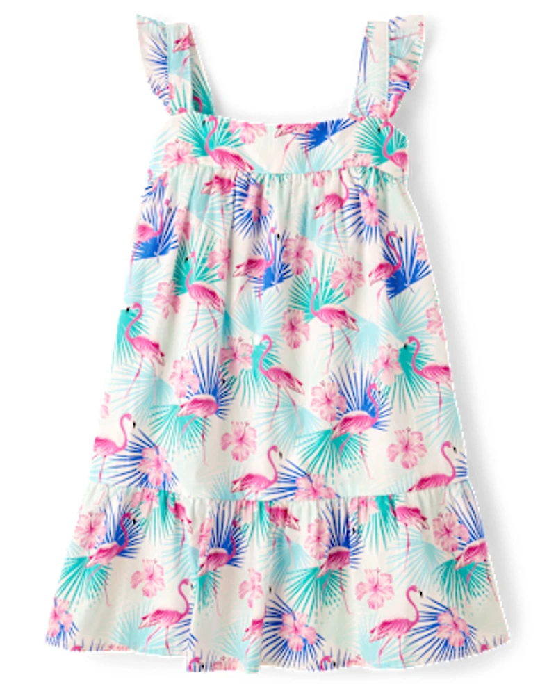 Girls Flamingo Tiered Dress - Swim