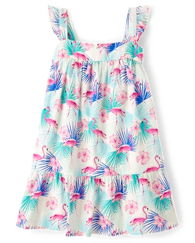 Girls Flamingo Tiered Dress - Swim