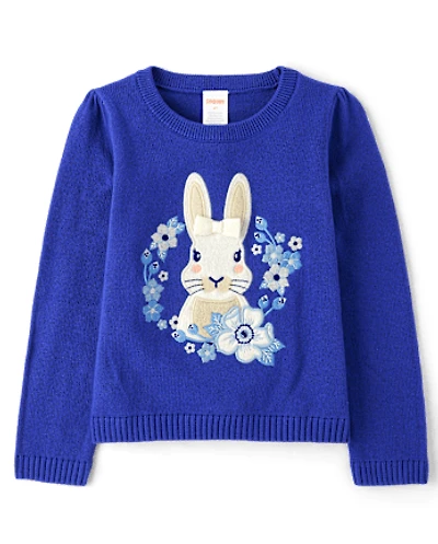 Girls Embroidered Floral Bunny Sweater - Blue Belle