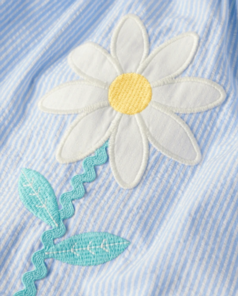 Girls Floral Applique Seersucker Fit And Flare Dress - Garden Party