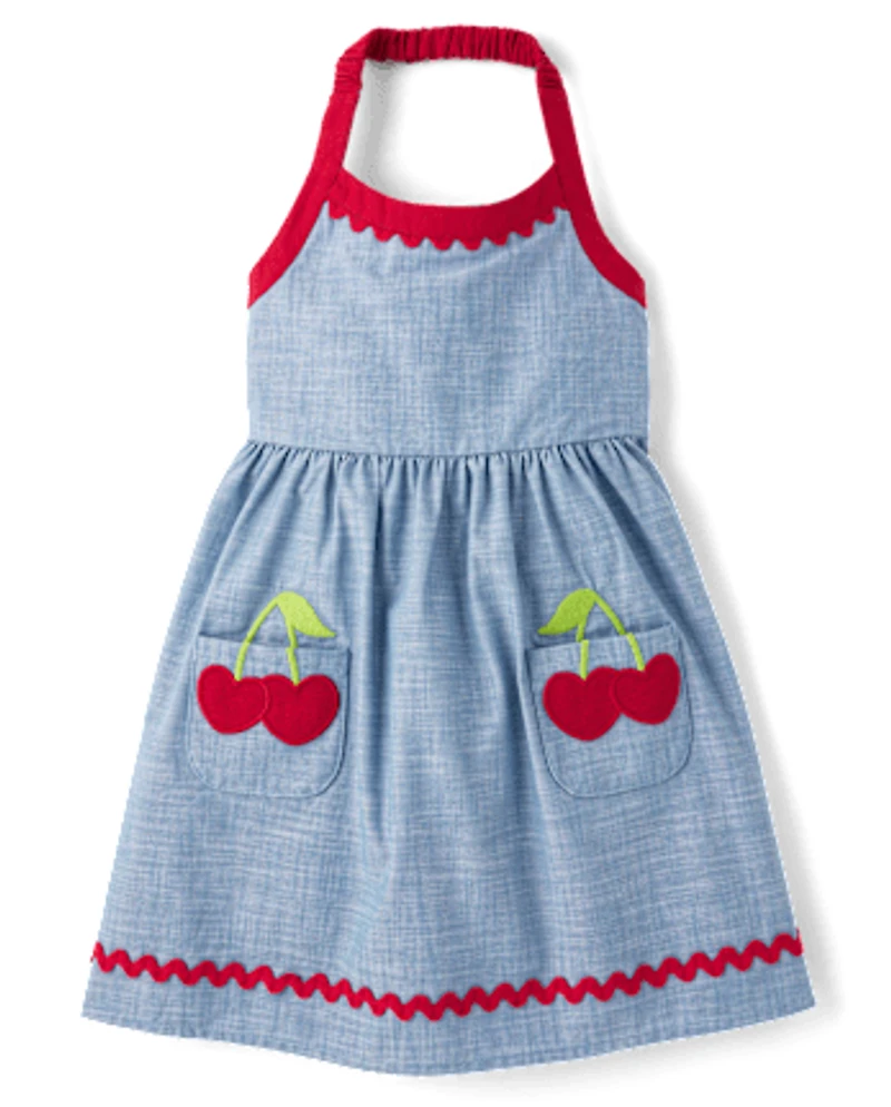 Girls Embroidered Cherry Halter Dress - Sweet Summer