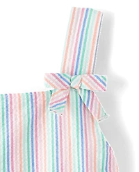 Robe à volants en seersucker brodée flamant rose pour fille - Seaside Palms