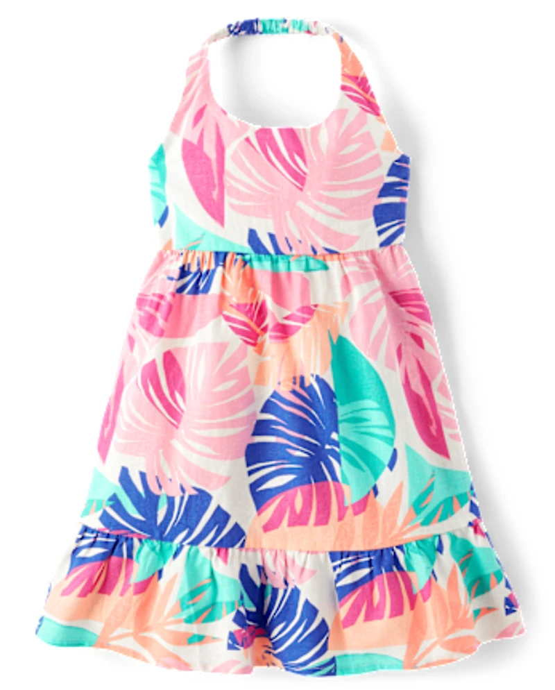 Girls Palm Linen-Blend Halter Dress - Seaside Palms