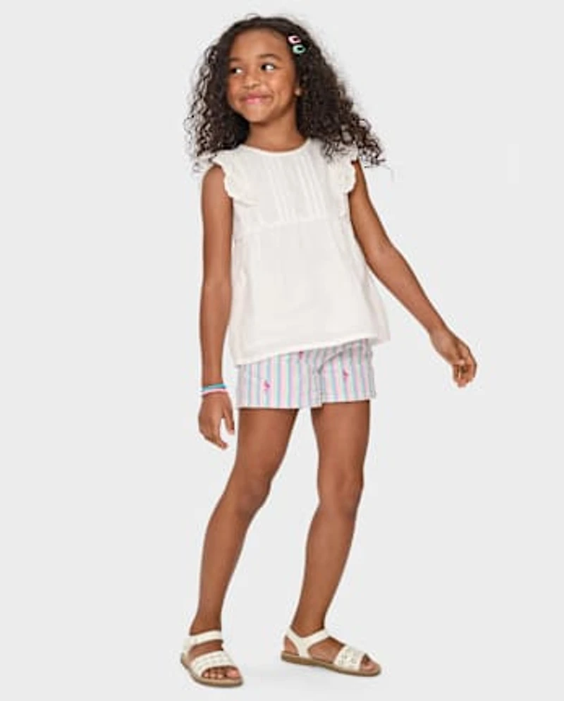 Girls Embroidered Flamingo Seersucker Pull On Shorts - Seaside Palms