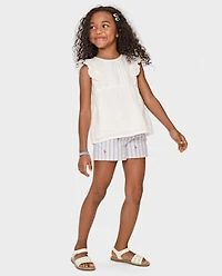 Girls Embroidered Flamingo Seersucker Pull On Shorts - Seaside Palms