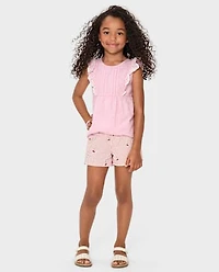 Girls Embroidered Cherry Seersucker Pull On Shorts - Sweet Summer