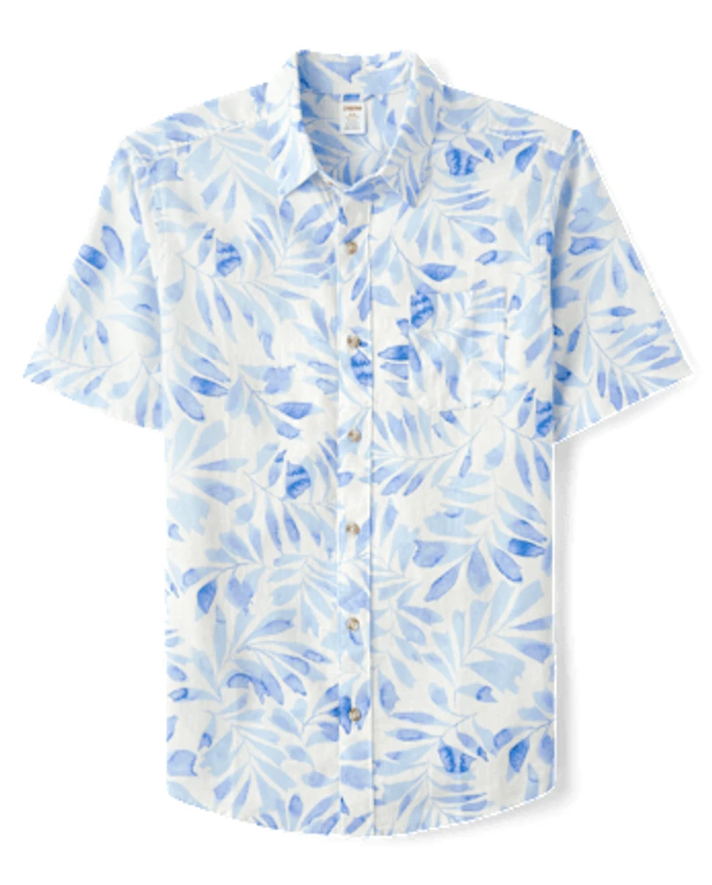 Mens Dad And Me Palm Linen-Blend Button Up Shirt