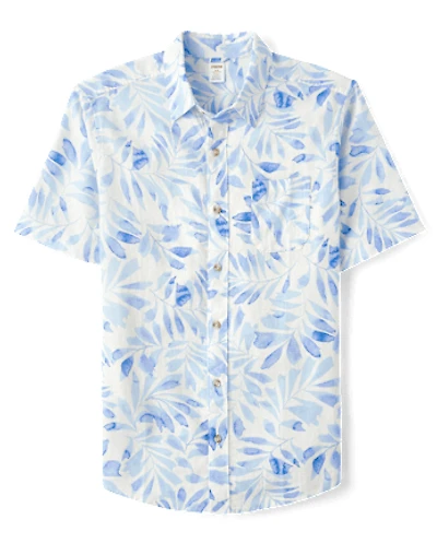 Mens Dad And Me Palm Linen-Blend Button Up Shirt