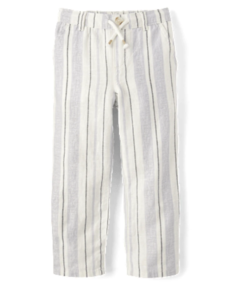 Kids Striped Roll Cuff Linen-Blend Pull On Pants